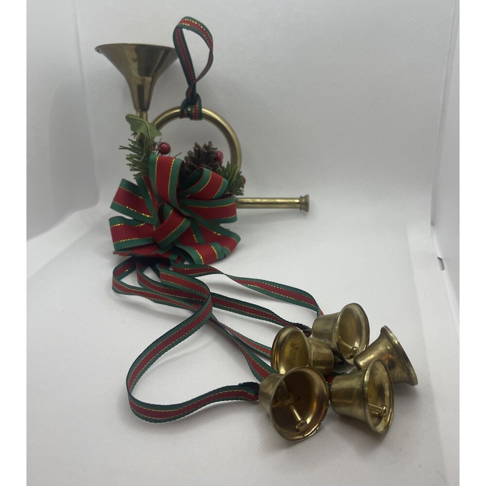 Decorative Vintage Brass French Horn Christmas Door Hanging Horn With Bells